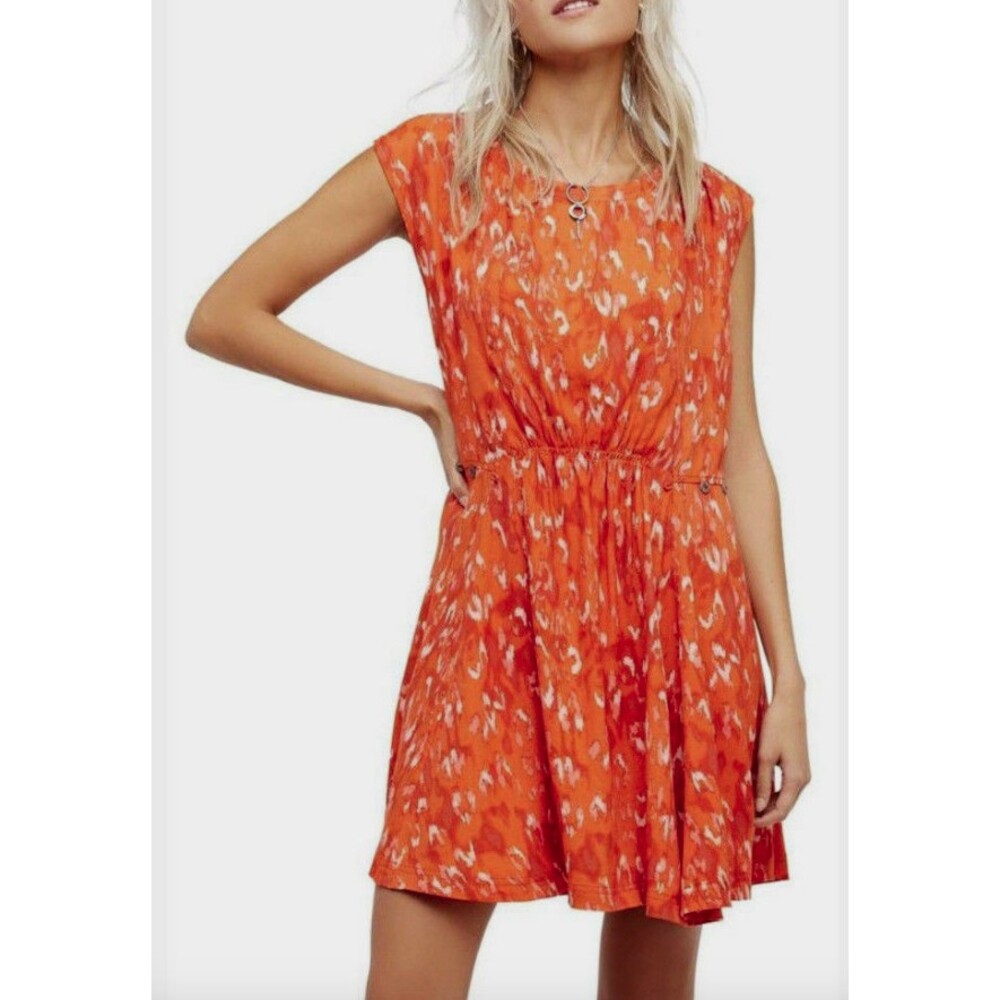 Free People OB618371 Fake Love Printed, Cap Sleeve Mini Dress in Pumpkin Combo S